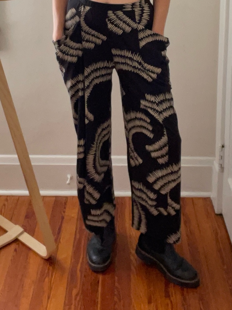 Matthildur Sunset Pants Large Black White Print Cropped Wide Leg Elastic Waist
